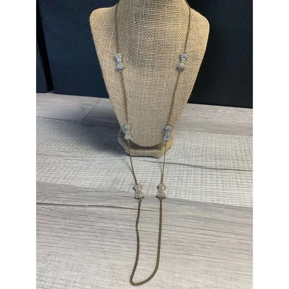 Gold Tone Rhinestone Bow Station Long Opera Chain Necklace 36 Inch 3466